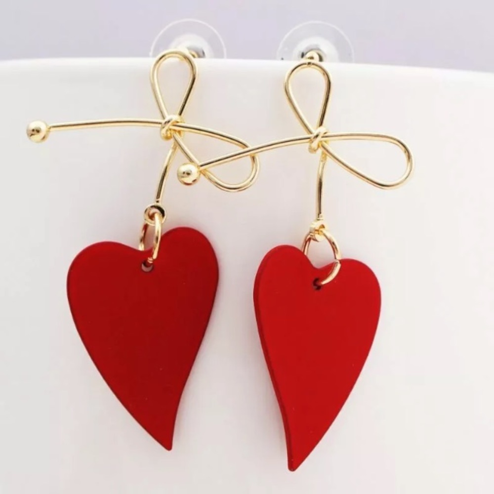2/$29 Bow Knot Dangling Heart Shaped Earrings in Gold & Red Post Back Pierced